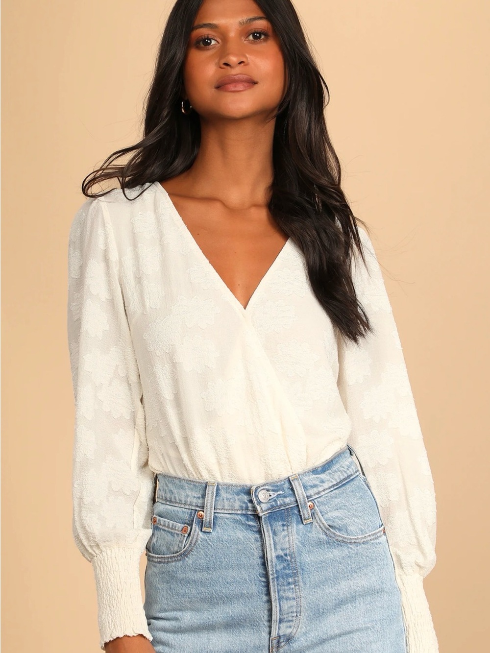 Lulu's Pure Sweetness Ivory Textured Surplice Long‑Sleeve Blouse